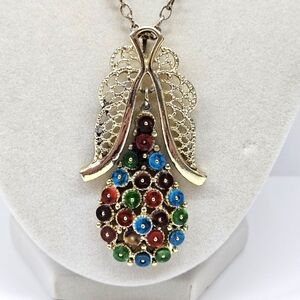 VINTAGE Unique Multicolor Pear Shaped Large Gold Tone Pendant Necklace
